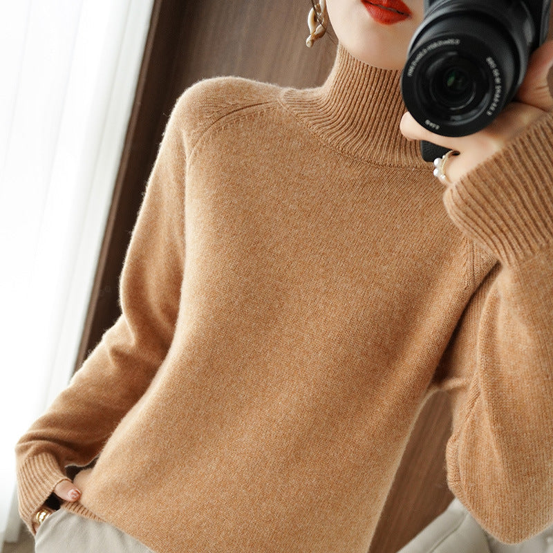 Women's knitted sweater, high collar, solid color, loose