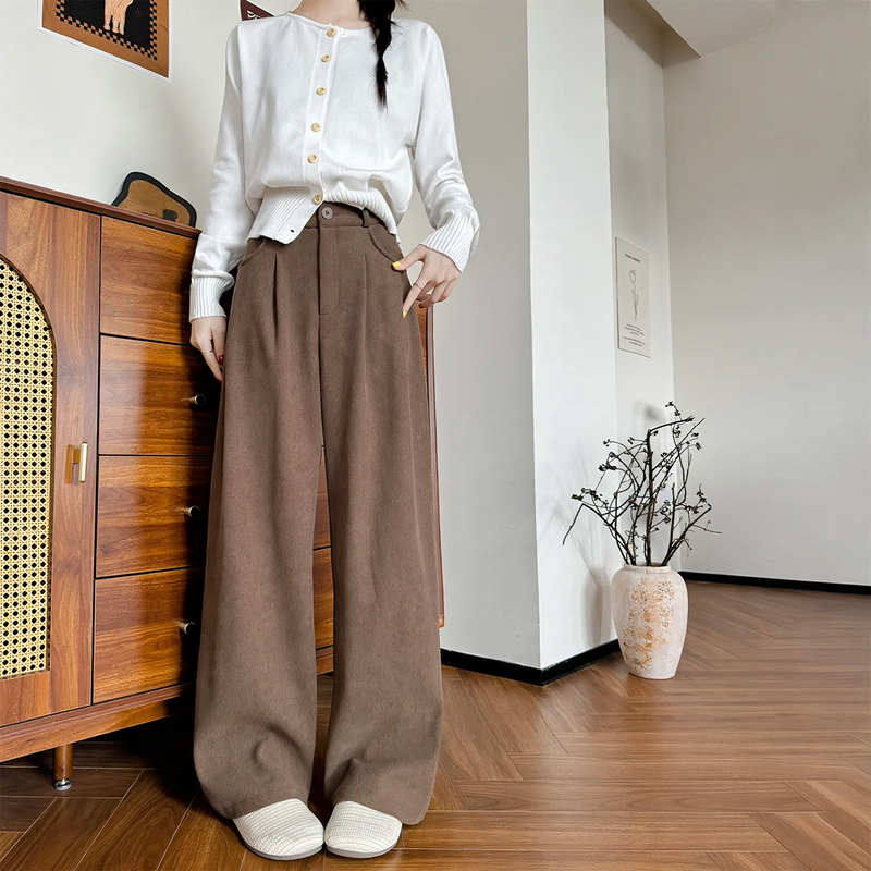 Cord wide pants for women, high-waisted
