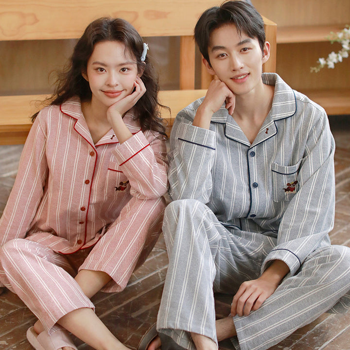 Cotton pajama set for couples, striped, embroidered