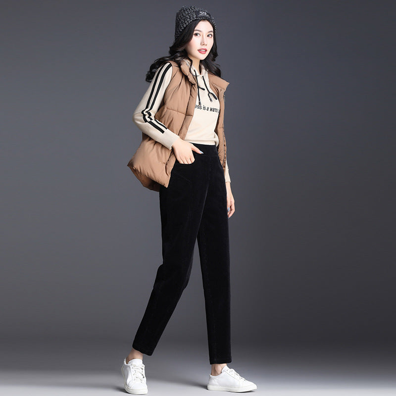 Women's corduroy pants, shortened, high waistband
