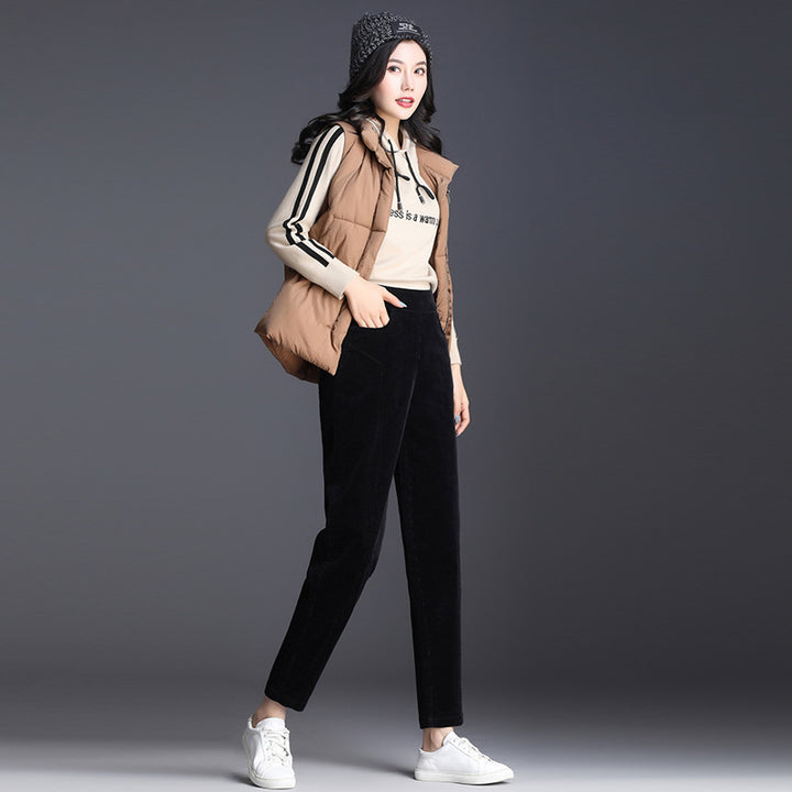 Women's corduroy pants, shortened, high waistband
