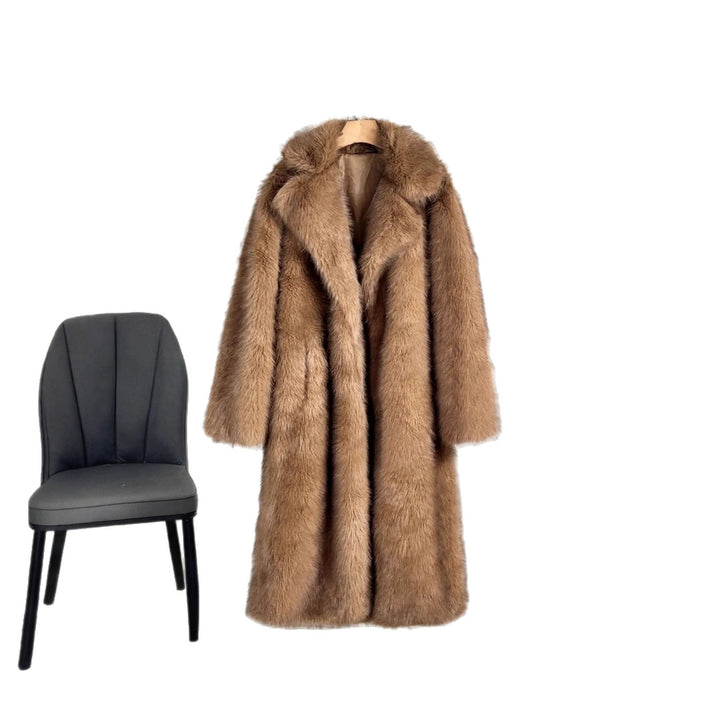 Long faux fur coat with lapels for women