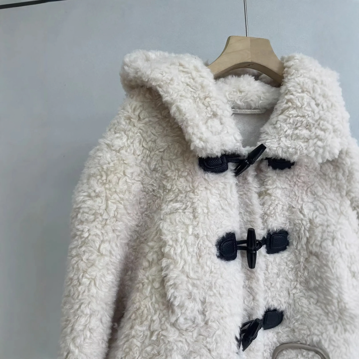 Women’s teddy fleece jacket with hood and toggle buttons
