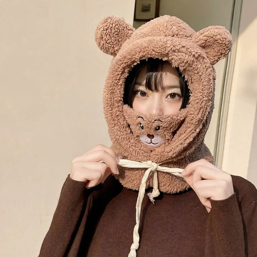 Women's plush hat with bear ears and scarf set