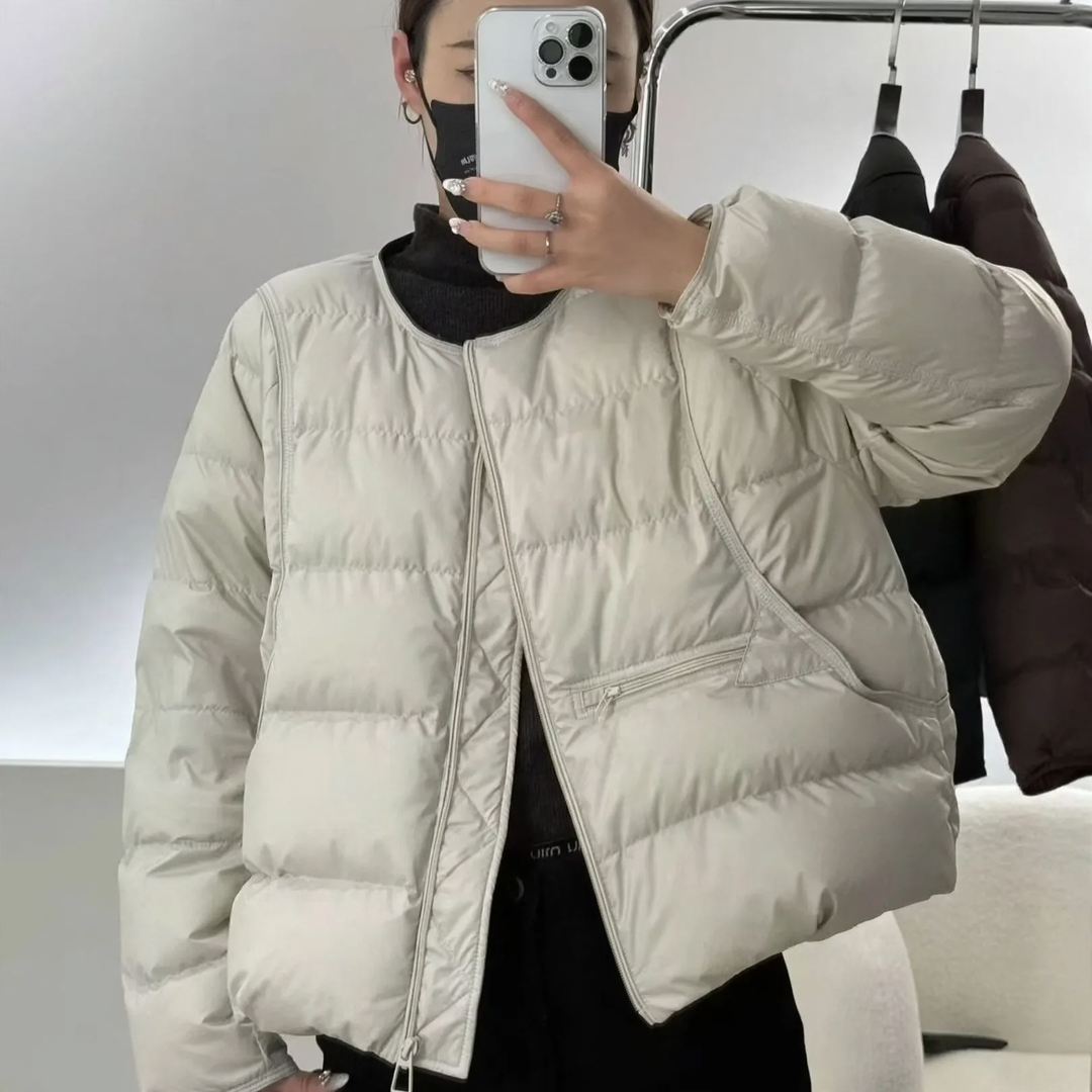 Lightweight, short down jacket with round neck