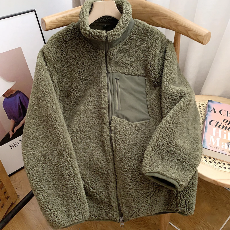 Casual women's jacket made of lambskin imitation with zipper