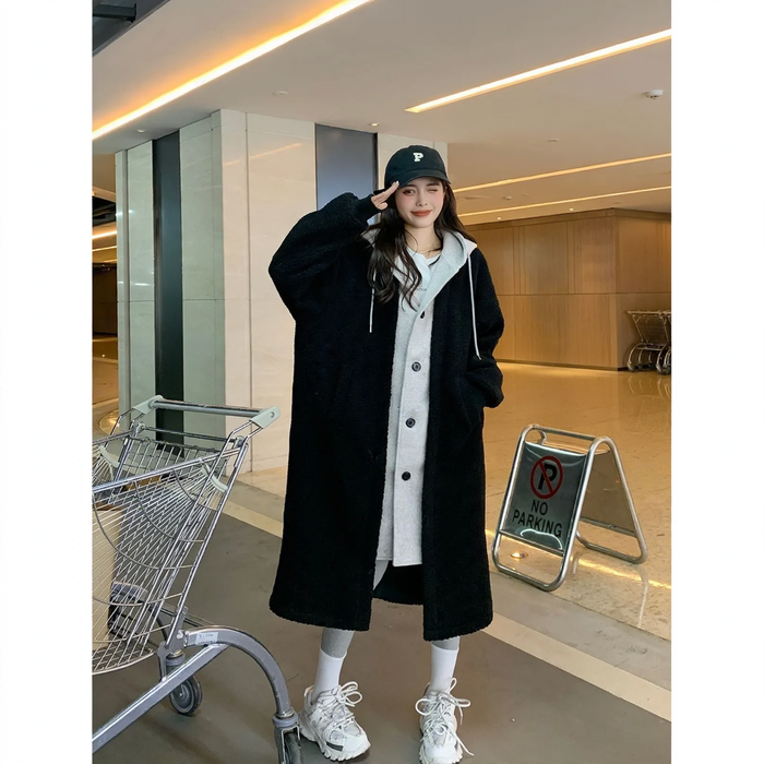 Lamb fleece hooded coat for women, long, loose fit