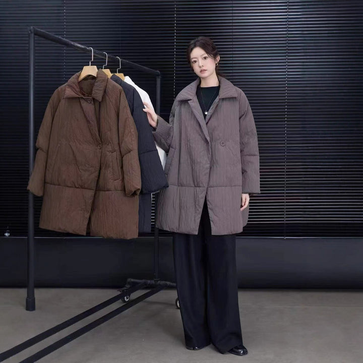 Mid-length down jacket with lapels, white duck down