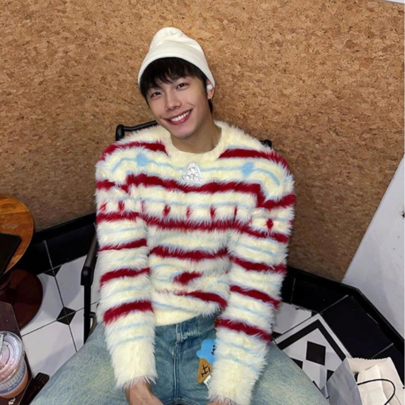 Padded knitted sweater with stripe pattern