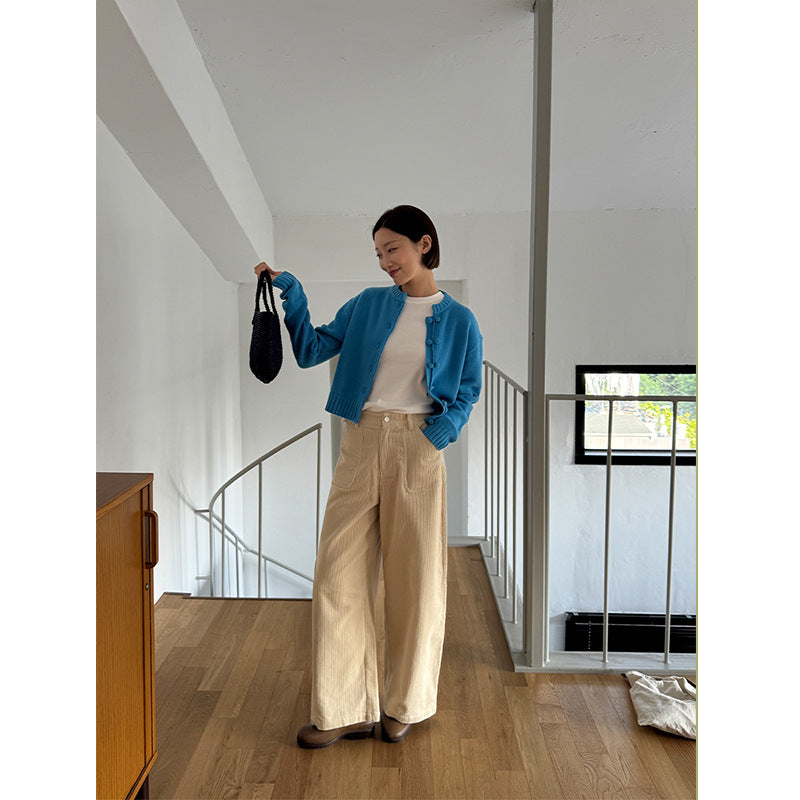 Cord pants with high waistband and wide leg