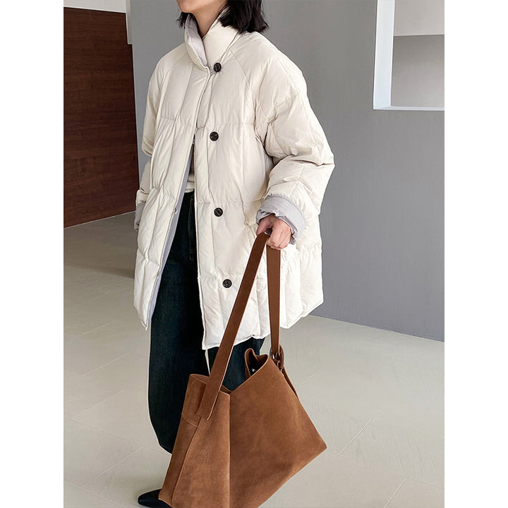 Reversible down jacket with stand-up collar