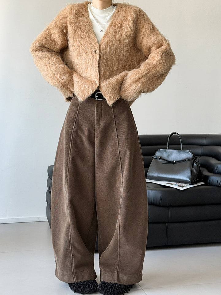 Padded cord wide trousers in retro style