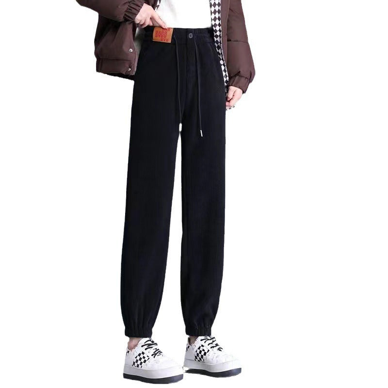 Padded corduroy harem pants with a high waistband