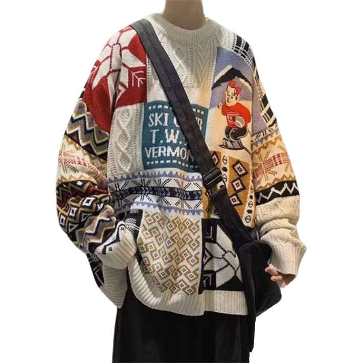 Men's knitted sweater with bear embroidery and stand-up collar