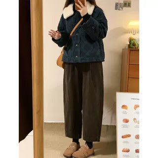Padded cord wide pants in large sizes