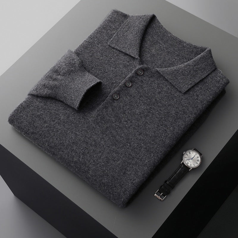 Men's wool sweater, polo collar, long sleeve, 350g