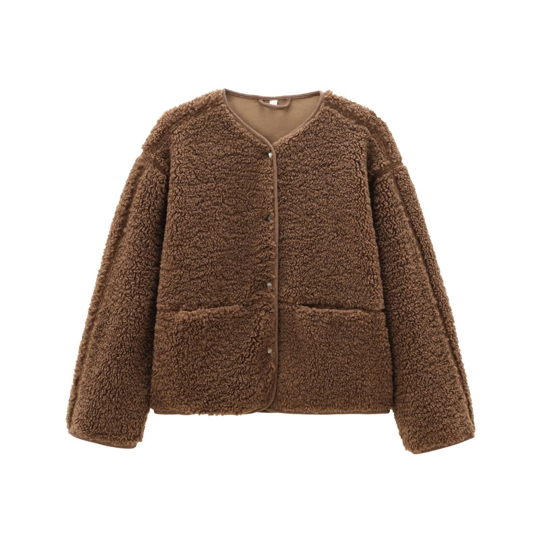 Women Teddy fleece Jacket, Round neck, plain