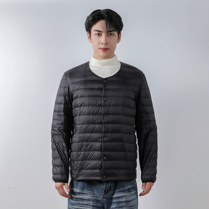 Light men's down jacket, V-neck or round neck
