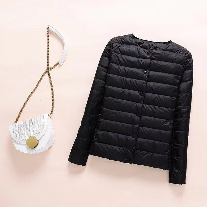 Light women's down jacket, collarless, short