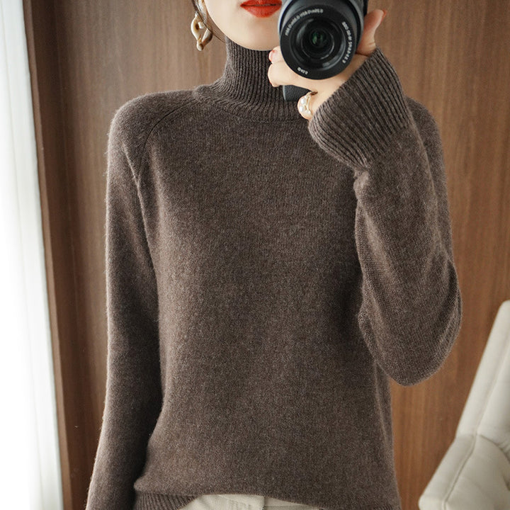Women's knitted sweater, high collar, solid color, loose