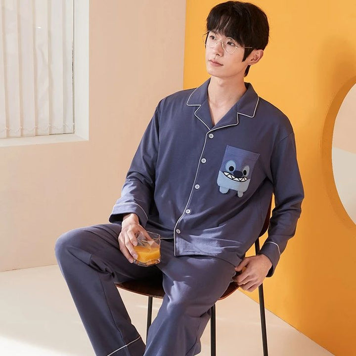 Lightweight men's pajamas made of cotton, long-sleeved