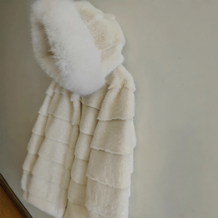 Long women's faux fur coat with hood and fur collar