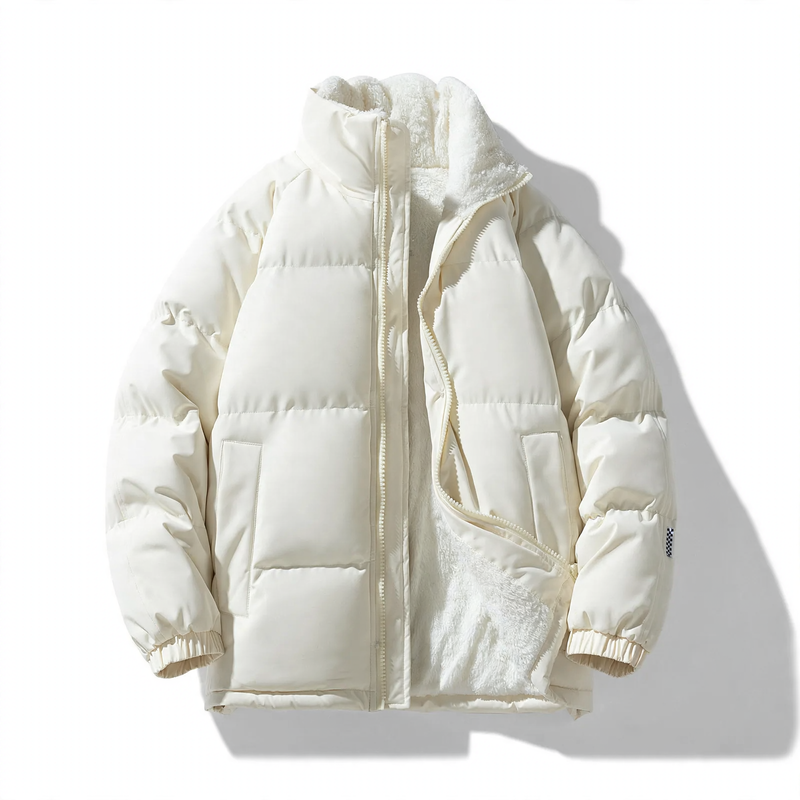 Padded men's winter jacket with hood and wind protection
