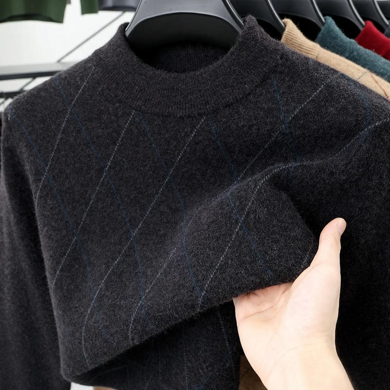 Men's wool sweater, checkered, stand collar, extra warm