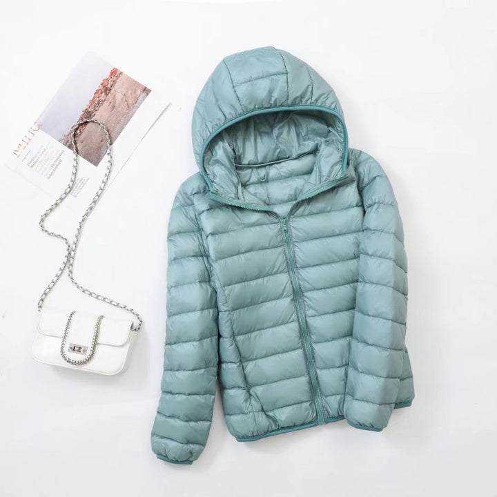 Light women's down jacket with hood, slim fit