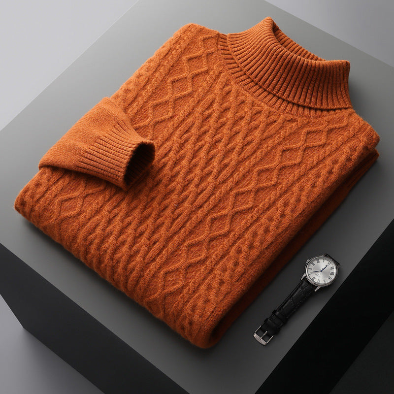 Men's wool sweater with shawl collar and cable knit pattern