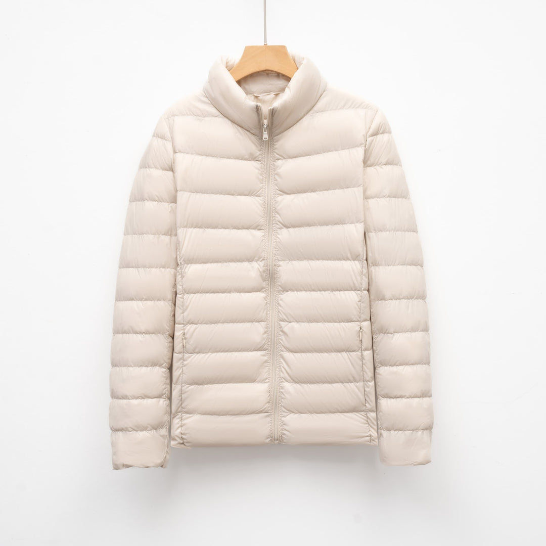 Light women's down jacket, stand-up collar, slim fit