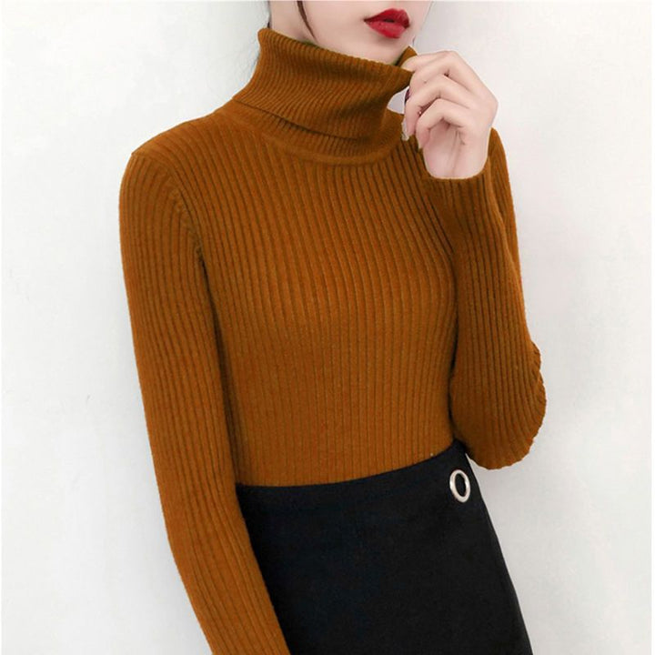 Women's knitted pullover with roll neck, fitted