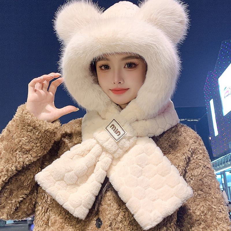 Fluffy set consisting of hat with fox ears and scarf