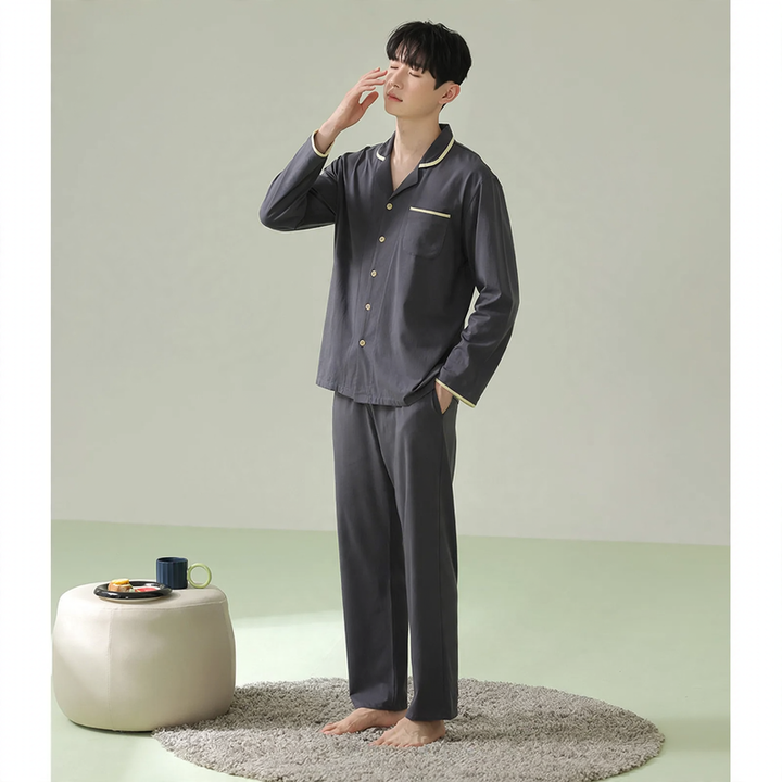 Men's pajama set made of cotton, long-sleeved, antibacterial
