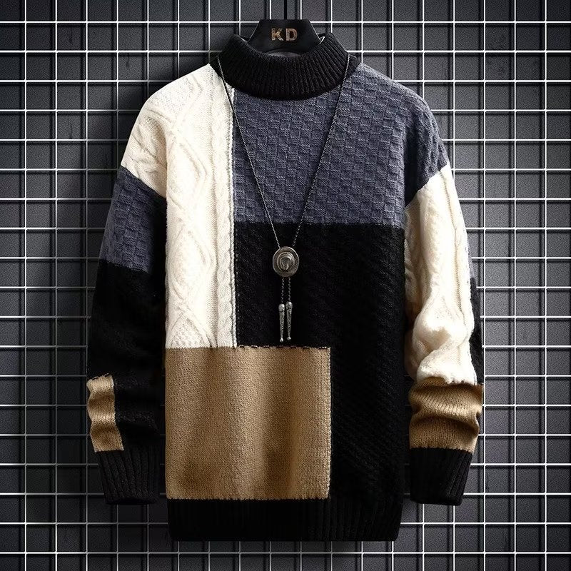 Men's knitted pullover with stand-up collar, lined