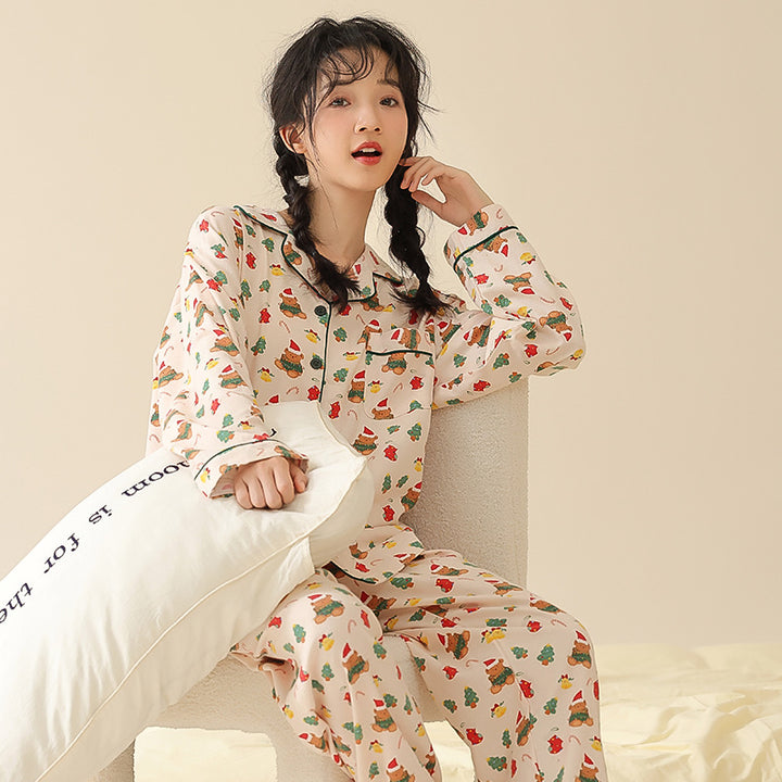Women's cotton pajamas, long-sleeved, with lapel collar