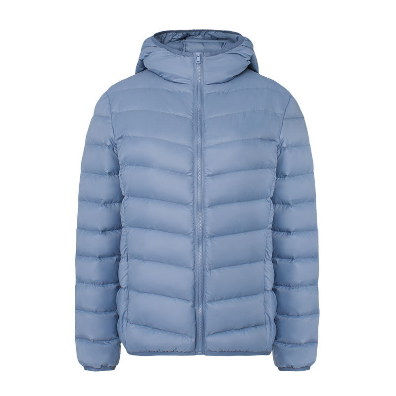 Light women's down jacket with hood, water-repellent