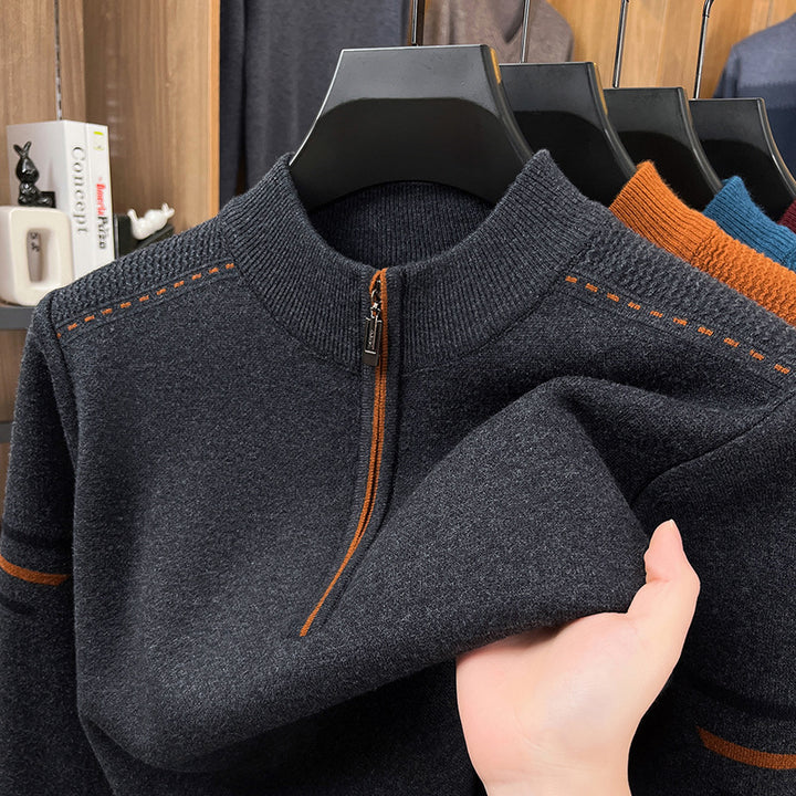 Men's Knit Sweater with Zipper and Stand-up Collar
