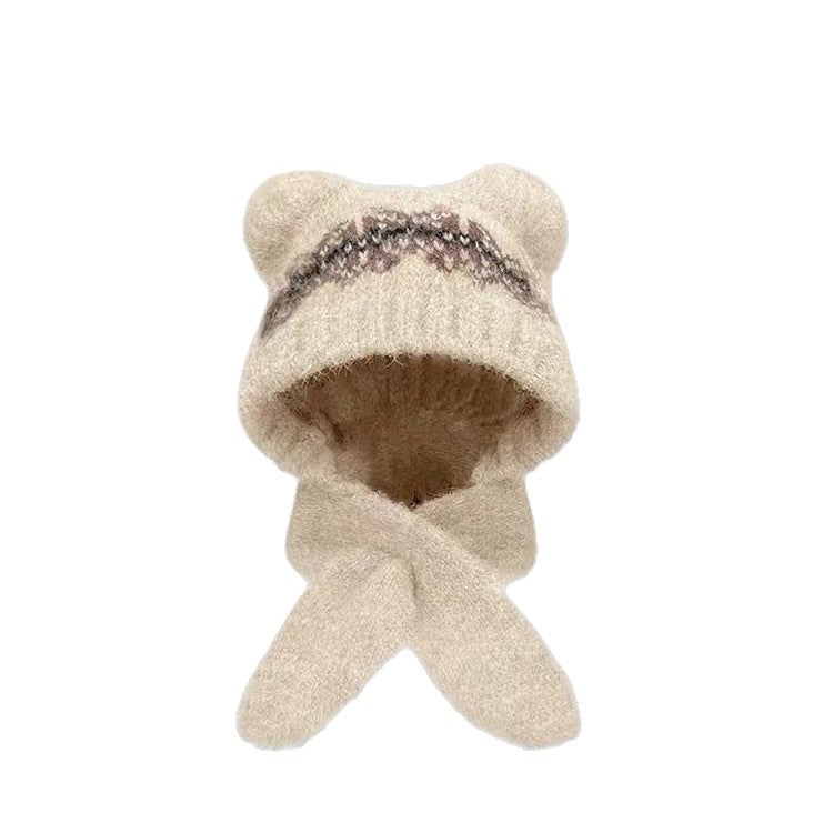 Knit cap with scarf, bear design, women, winter