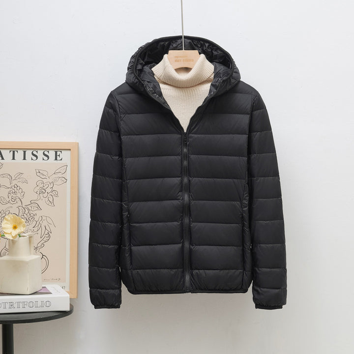 Light women's down jacket, hood, short fit