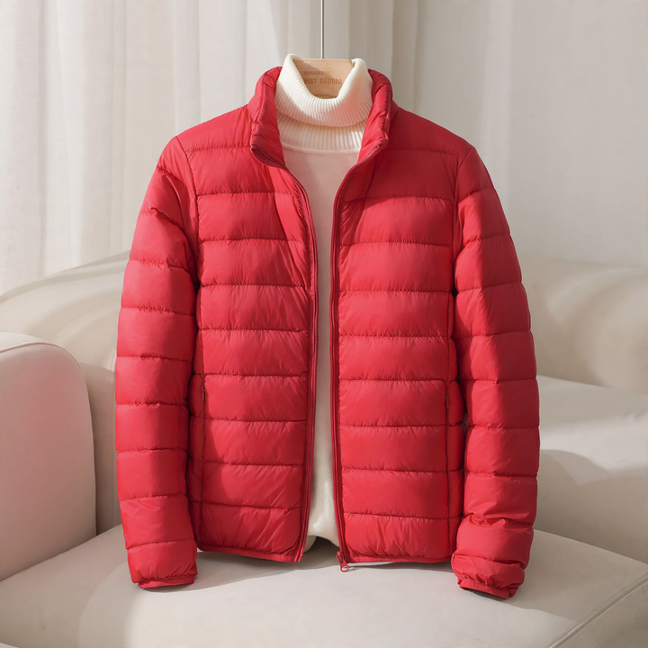 Short, lightweight women's down jacket, stand collar