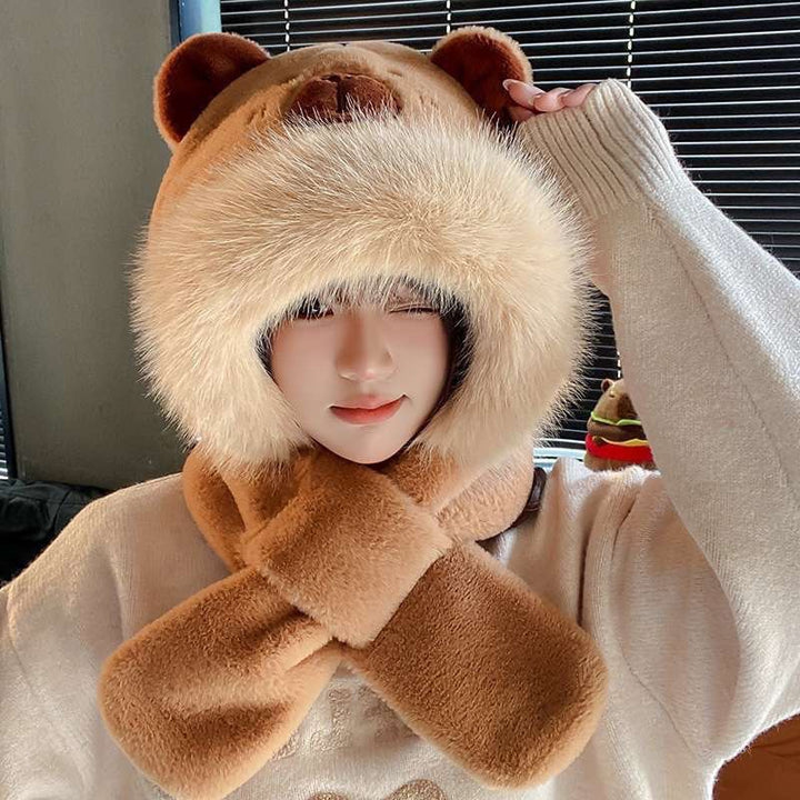 Plush hooded scarf with animal design, lined
