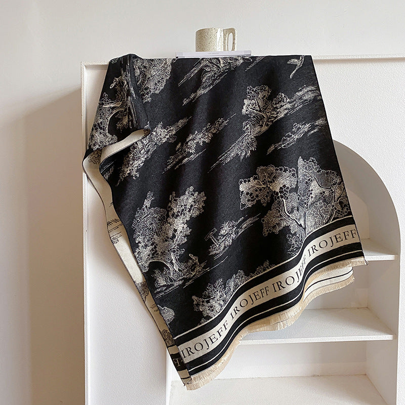 Jacquard scarf with landscape motif, art cashmere, 180x65 cm