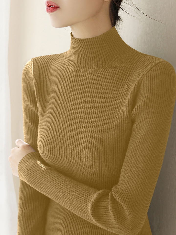 Women's knitted pullover with stand-up collar, slim fit