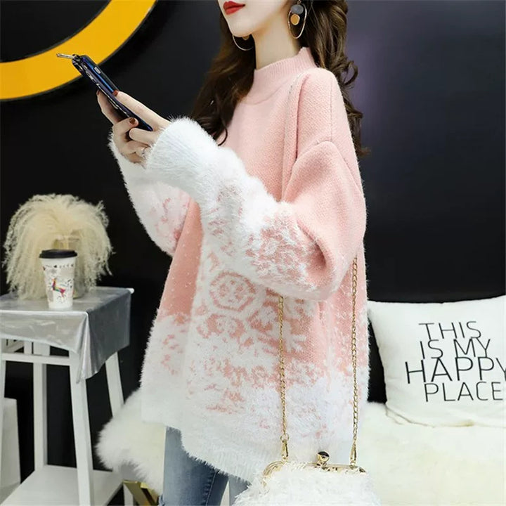 Knit sweater with stand-up collar, snowflake pattern