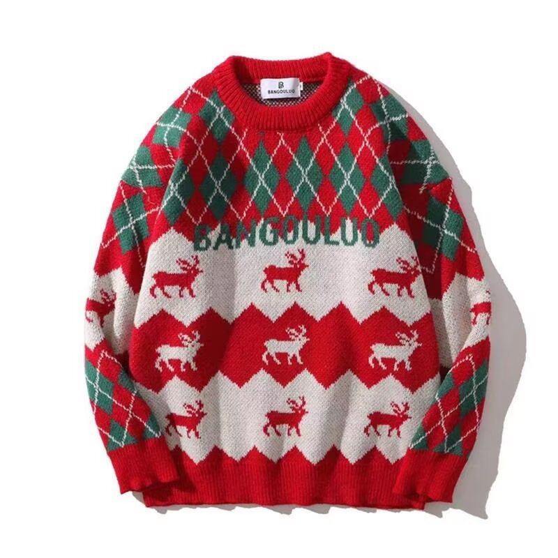 Men's knit sweater with reindeer jacquard
