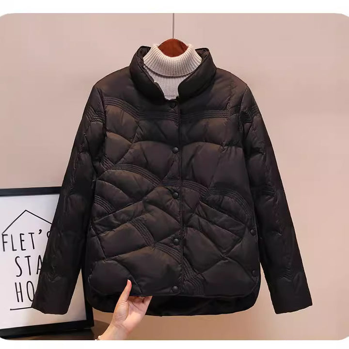Short women's down jacket with stand-up collar