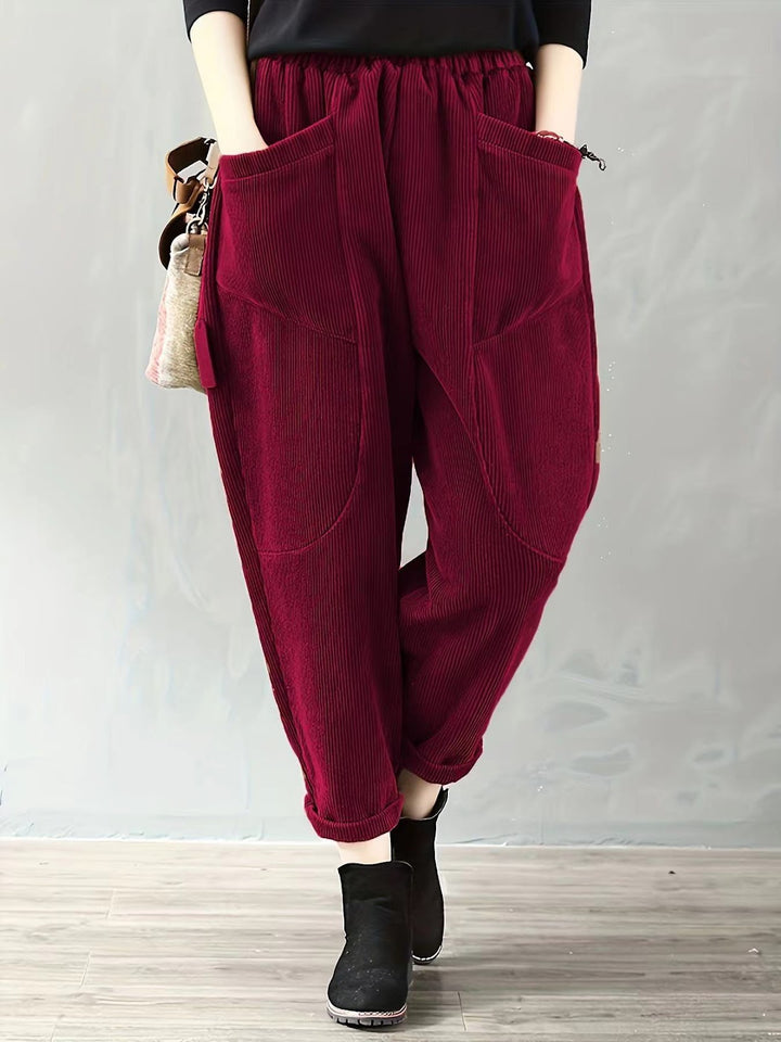 Fleece-lined cord harem pants with elastic waistband