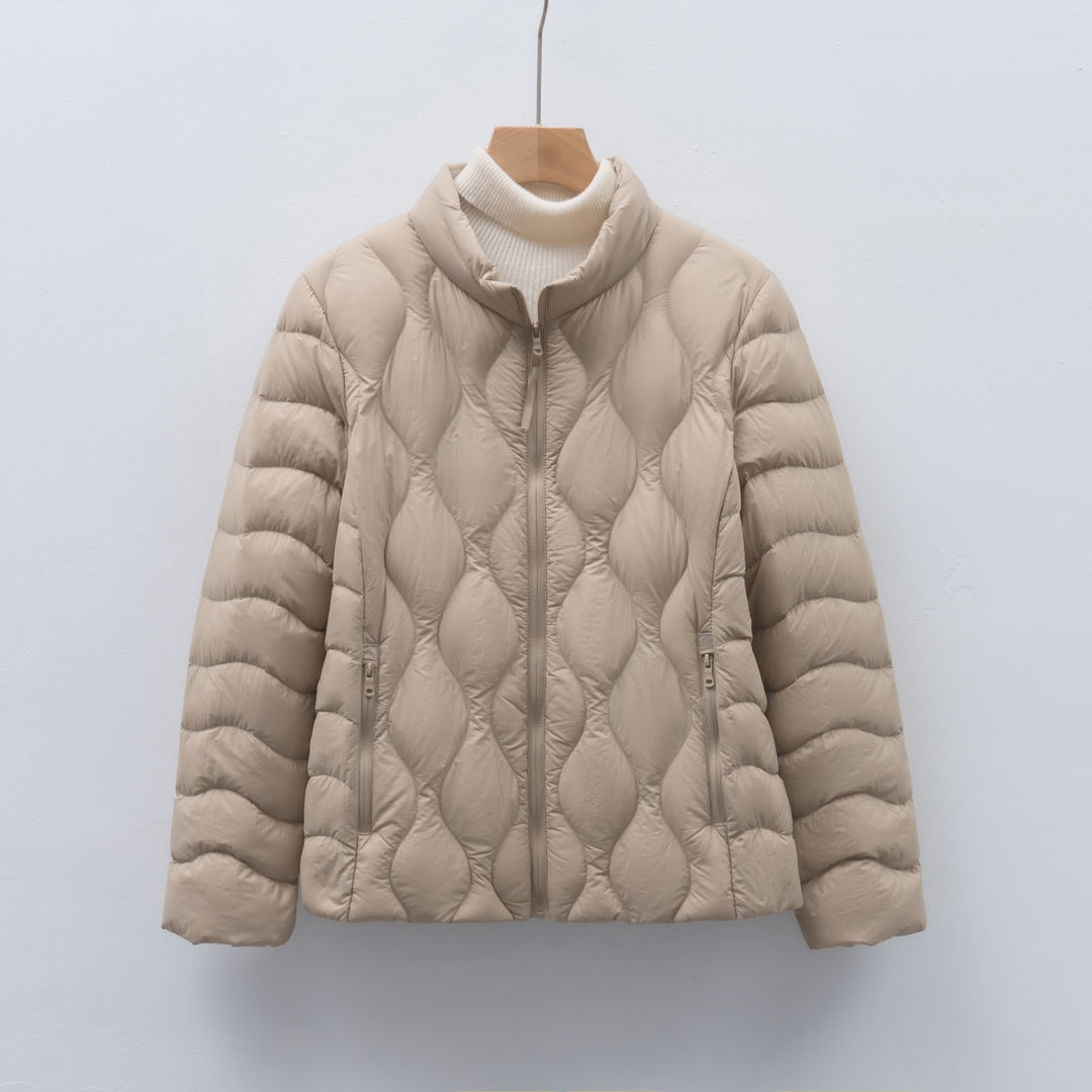 Light women's down jacket with stand-up collar and wave pattern
