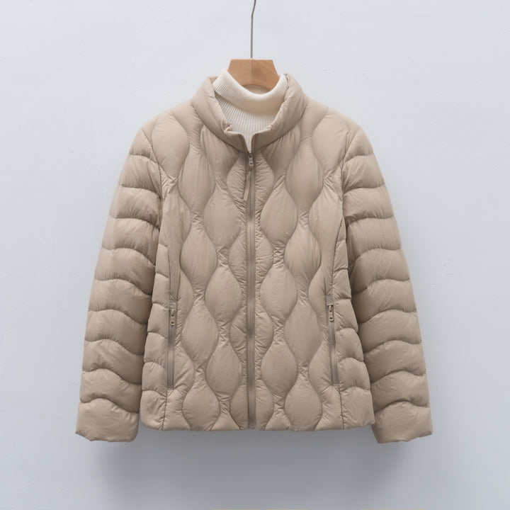Light women's down jacket with stand-up collar and wave pattern
